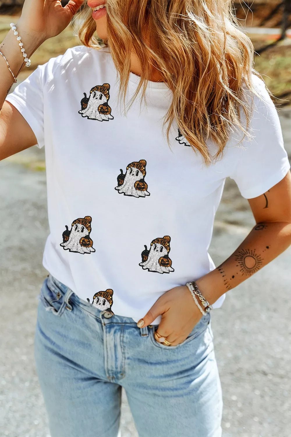 Full Size Halloween Sequin Ghost Print Short Sleeve Casual T-Shirt Plus Size - TheMomCo.
