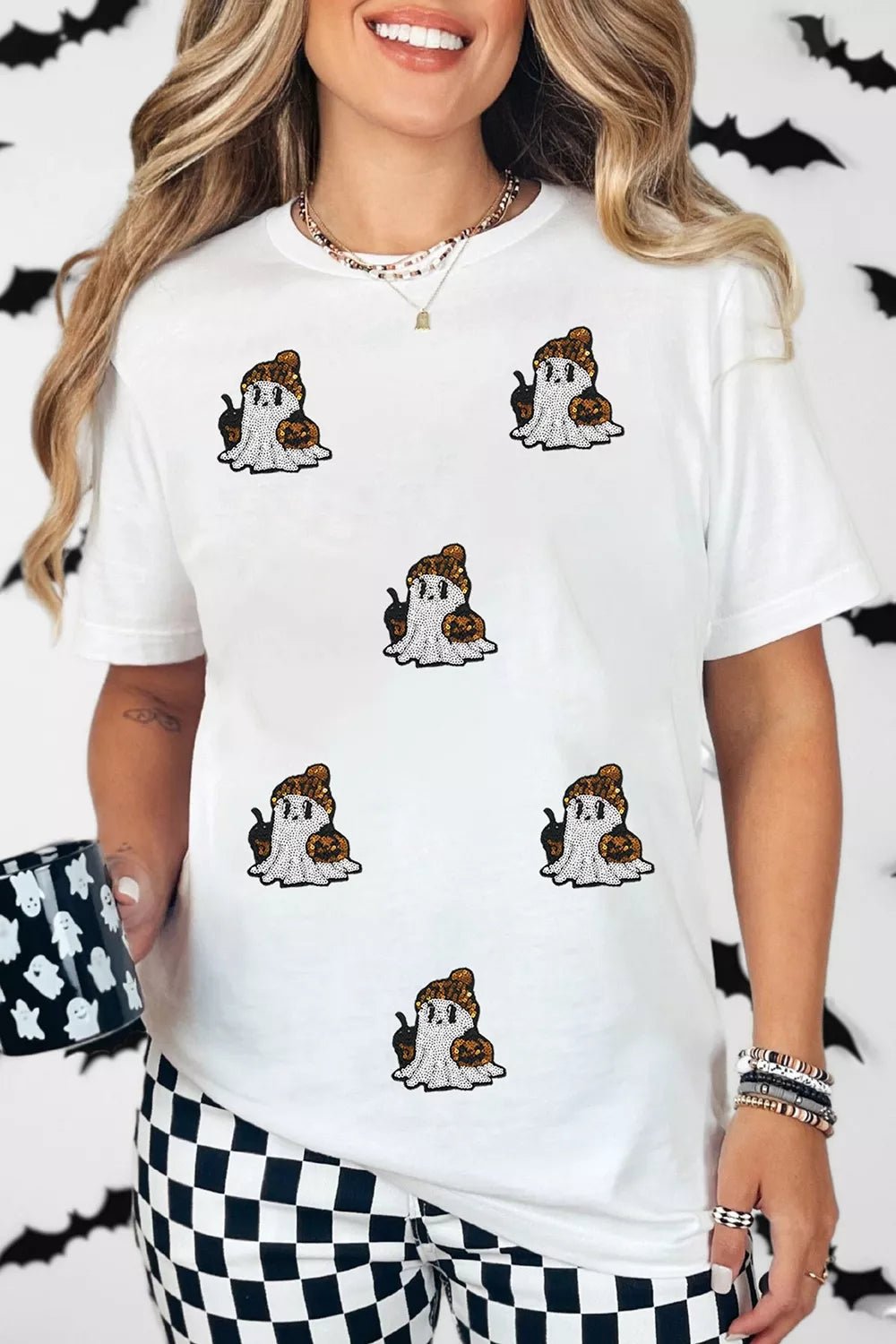 Full Size Halloween Sequin Ghost Print Short Sleeve Casual T-Shirt Plus Size - TheMomCo.