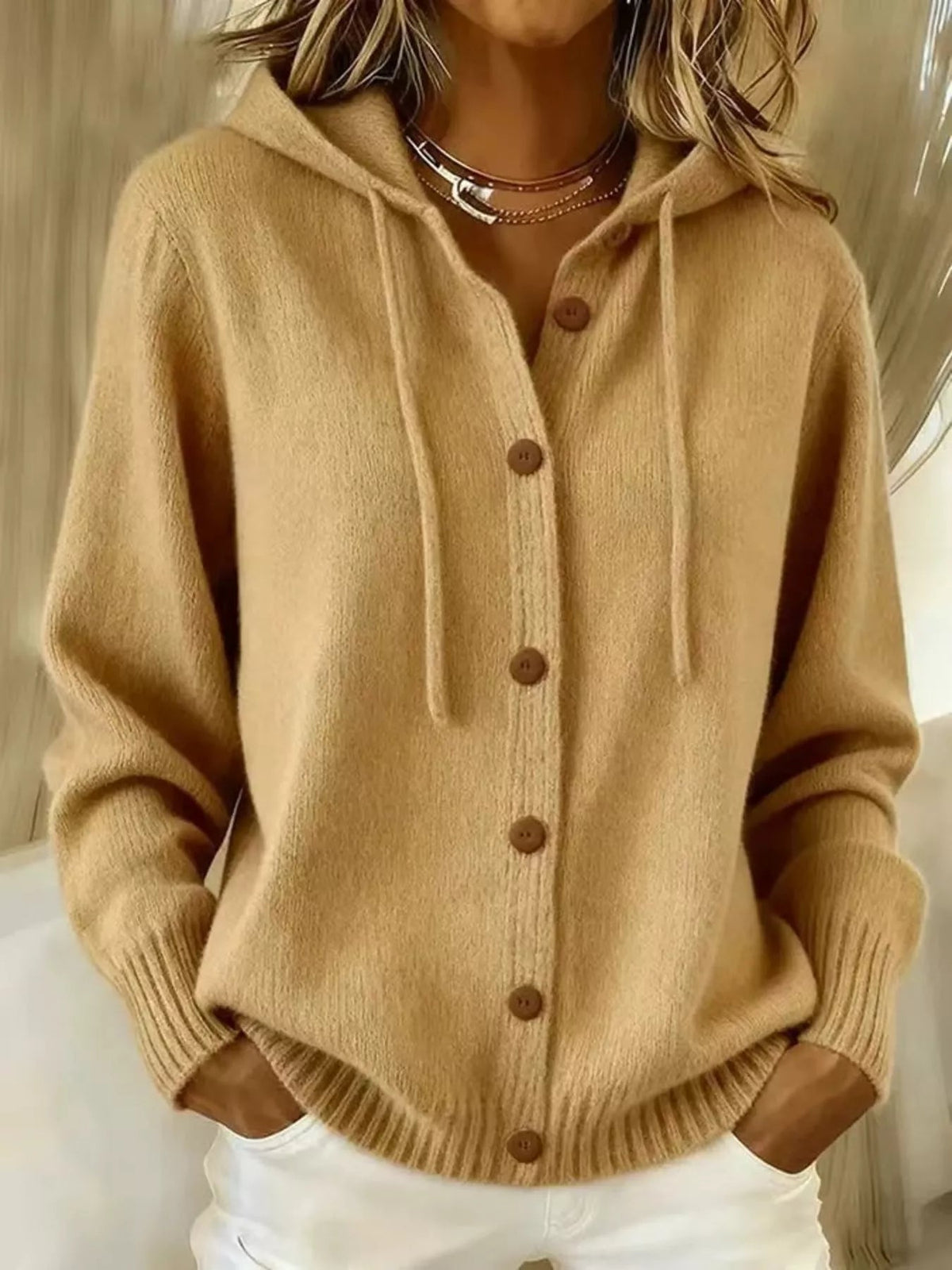 Full Size Hooded Button-Down Knit Cardigan Plus Size - TheMomCo.
