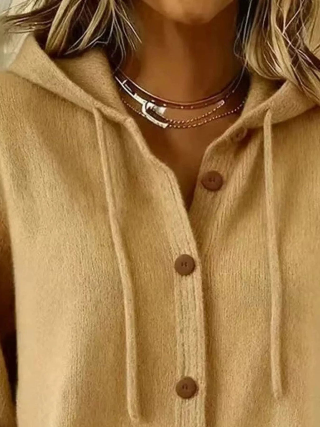 Full Size Hooded Button-Down Knit Cardigan Plus Size - TheMomCo.