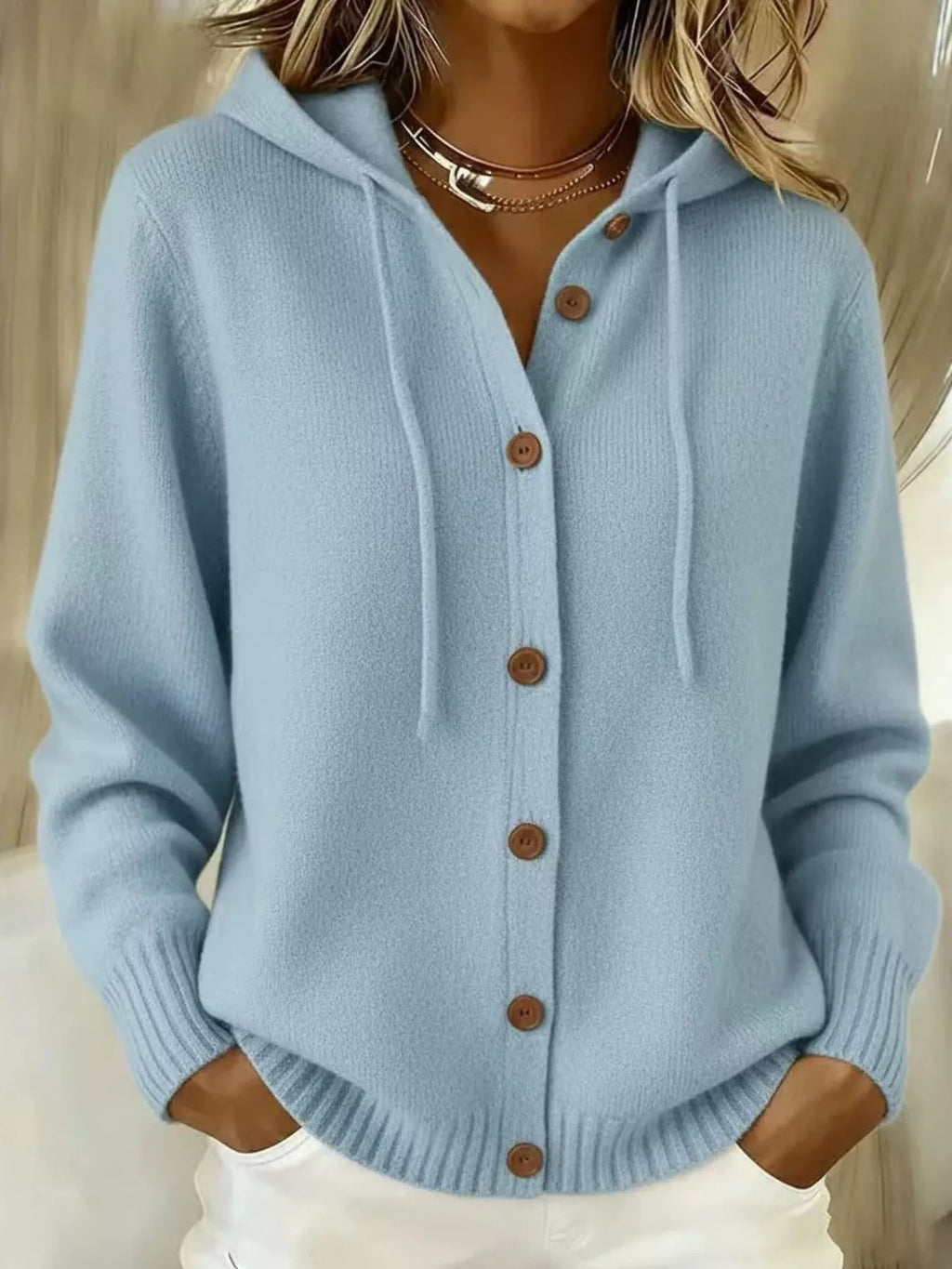 Full Size Hooded Button-Down Knit Cardigan Plus Size - TheMomCo.