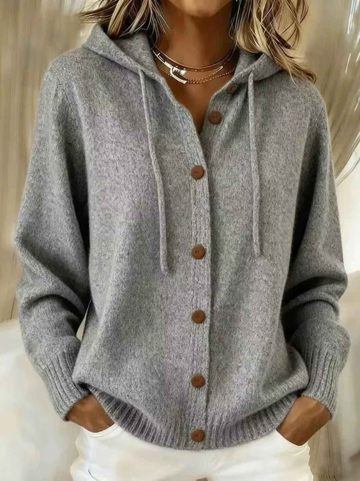 Full Size Hooded Button-Down Knit Cardigan Plus Size - TheMomCo.
