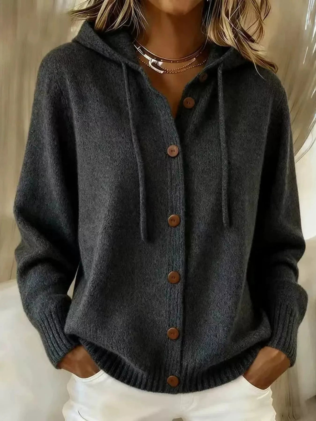 Full Size Hooded Button-Down Knit Cardigan Plus Size - TheMomCo.