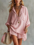 Full Size Oversized Long Sleeve Shirt and Shorts Two-Piece Set Plus Size - TheMomCo.