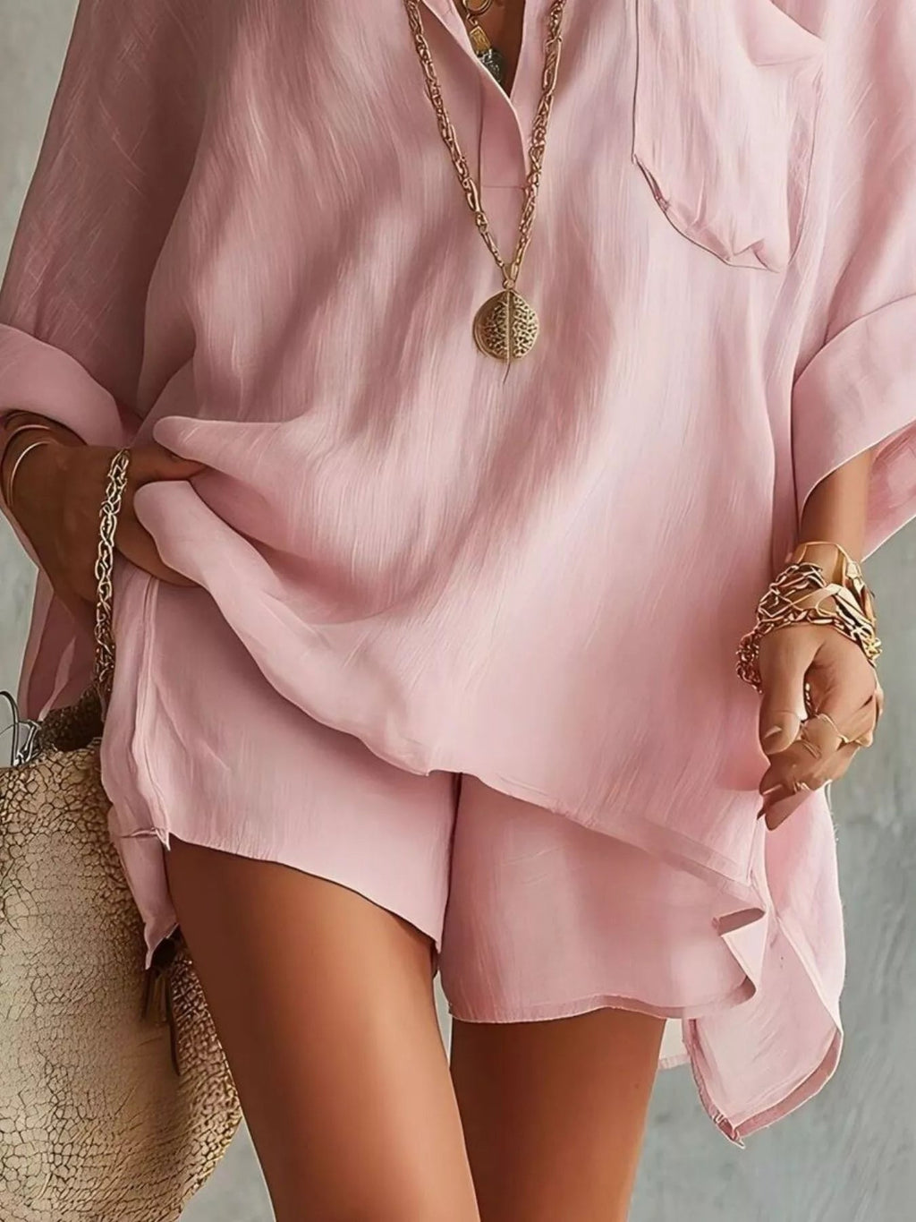 Full Size Oversized Long Sleeve Shirt and Shorts Two-Piece Set Plus Size - TheMomCo.