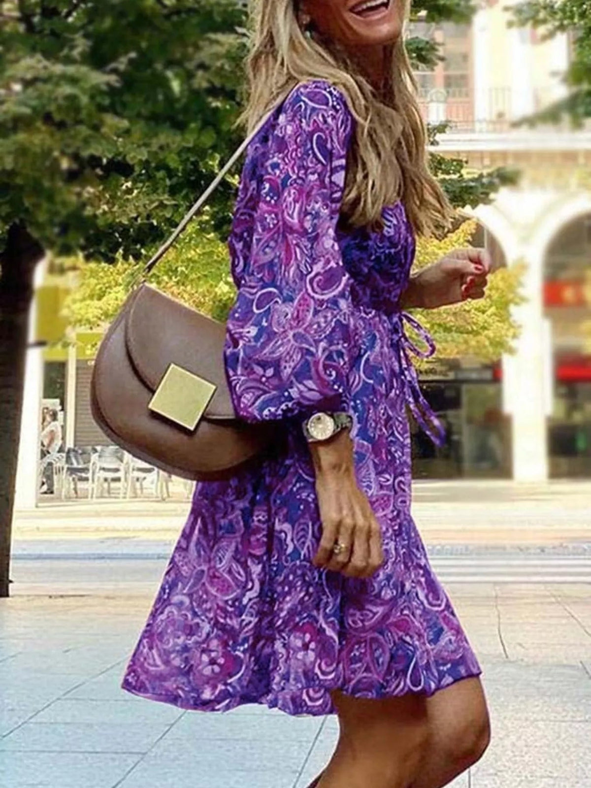 Full Size Paisley Print Long Sleeve Mini Dress Plus Size - TheMomCo.