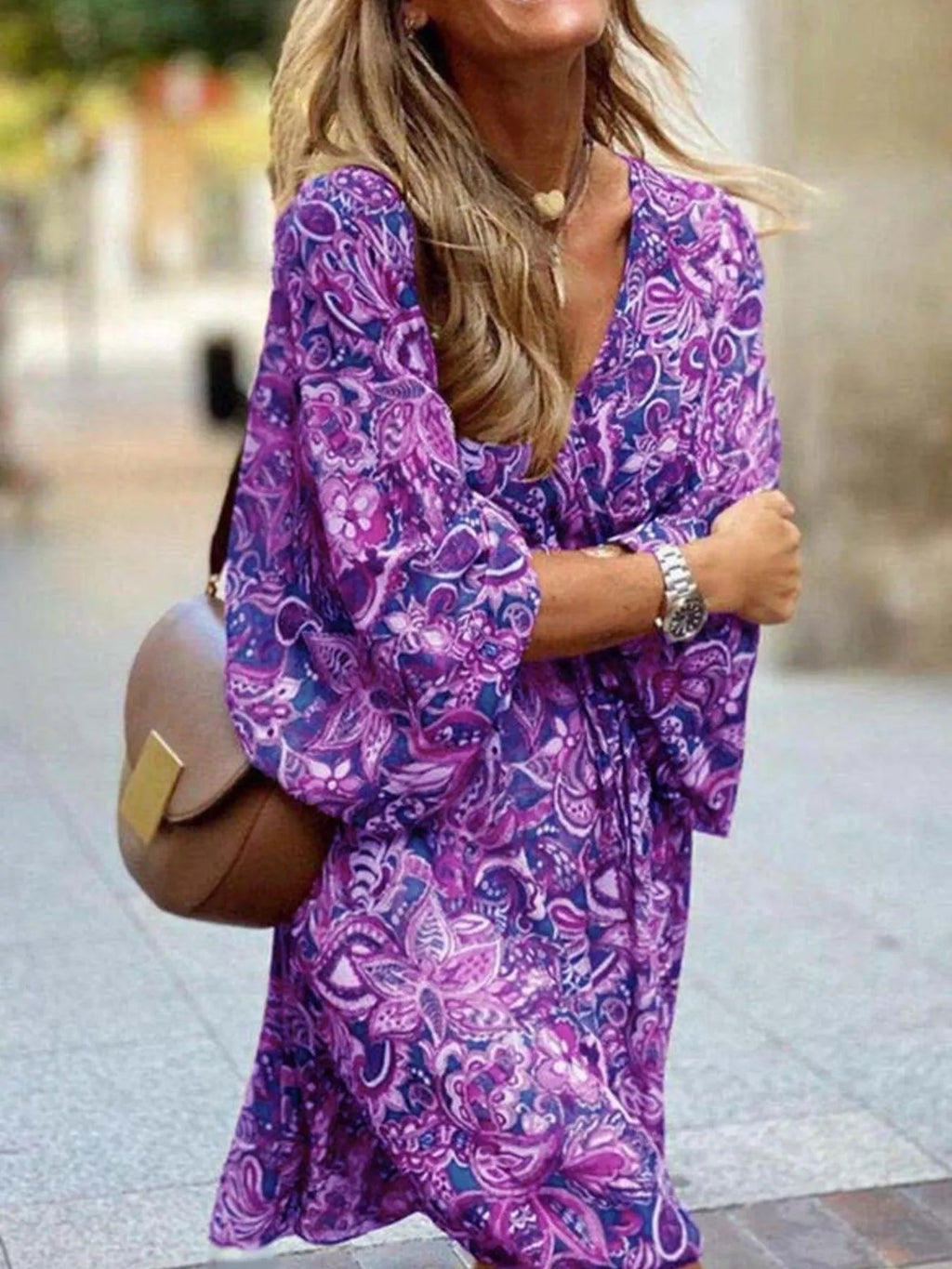 Full Size Paisley Print Long Sleeve Mini Dress Plus Size - TheMomCo.