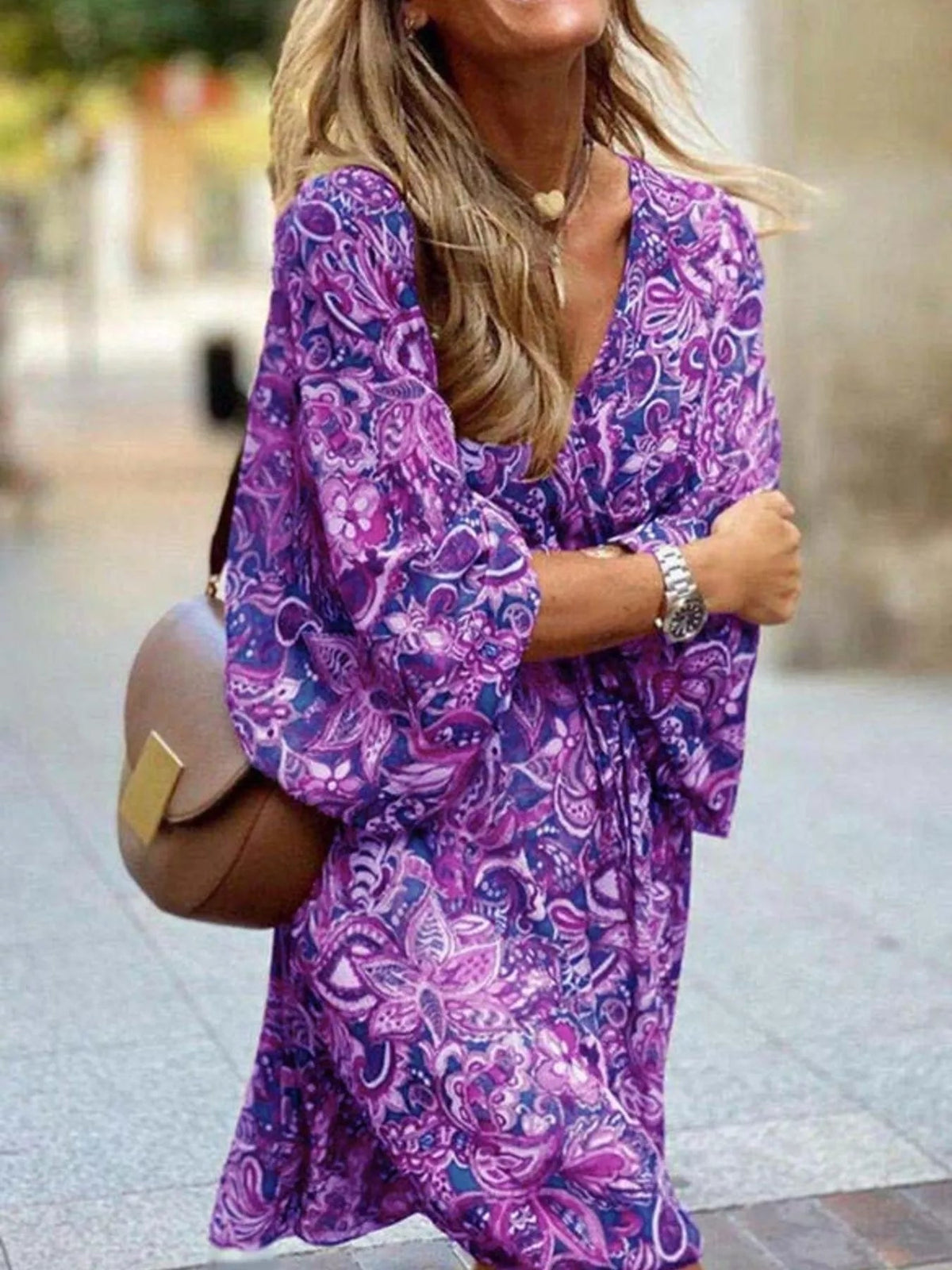 Full Size Paisley Print Long Sleeve Mini Dress Plus Size - TheMomCo.