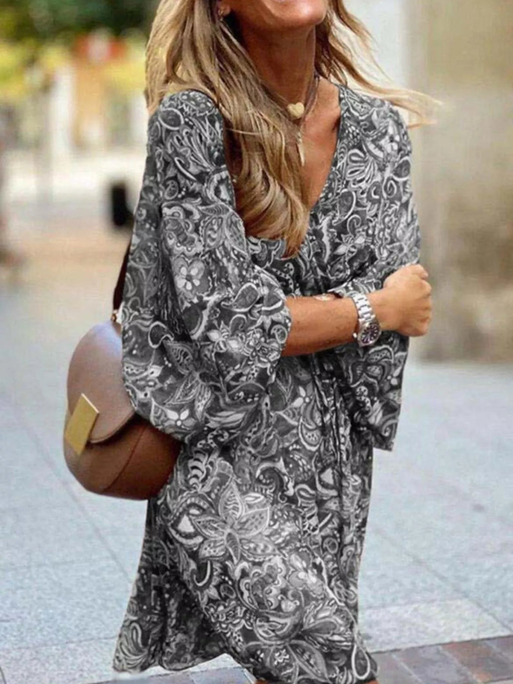 Full Size Paisley Print Long Sleeve Mini Dress Plus Size - TheMomCo.