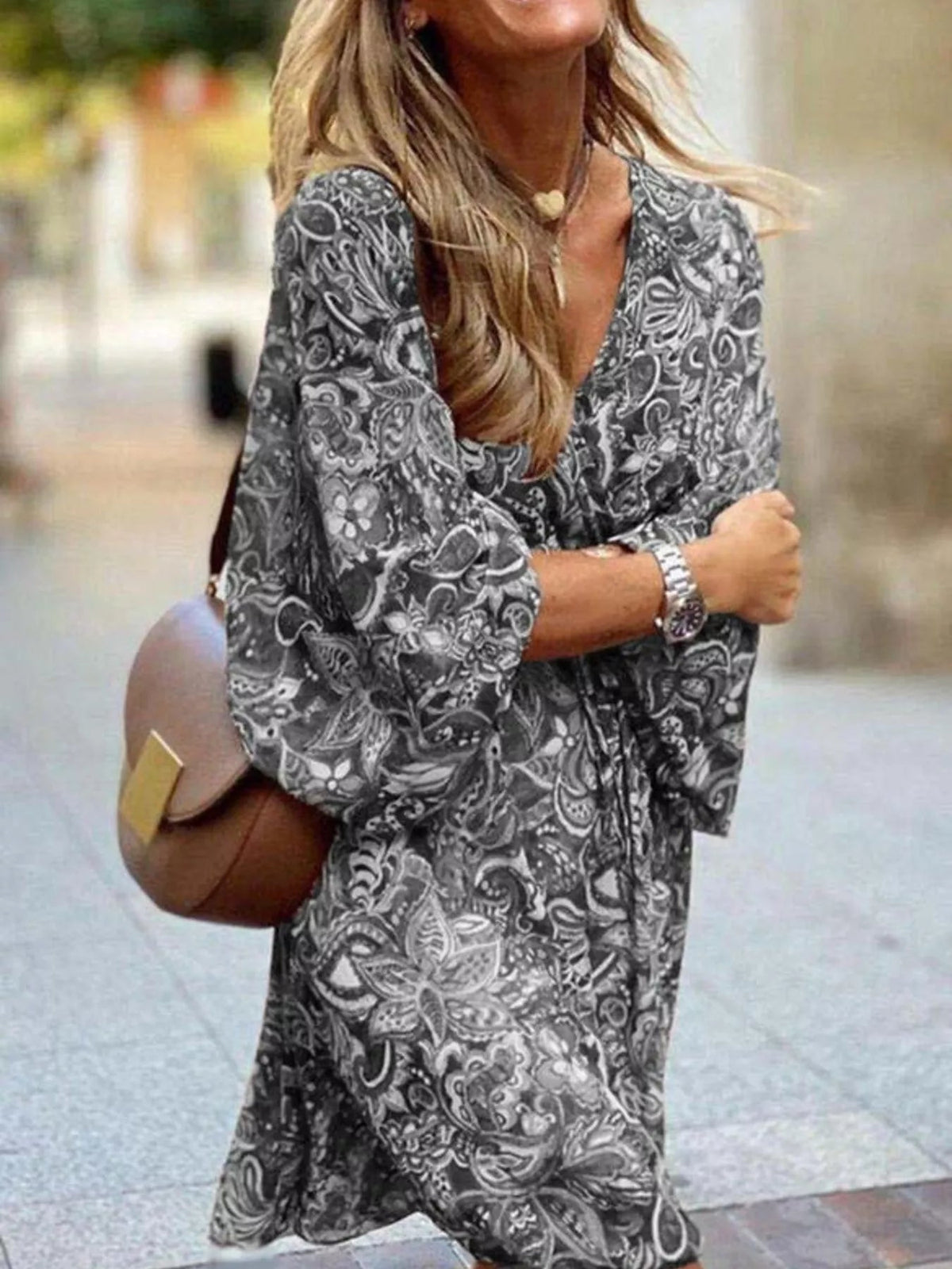 Full Size Paisley Print Long Sleeve Mini Dress Plus Size - TheMomCo.
