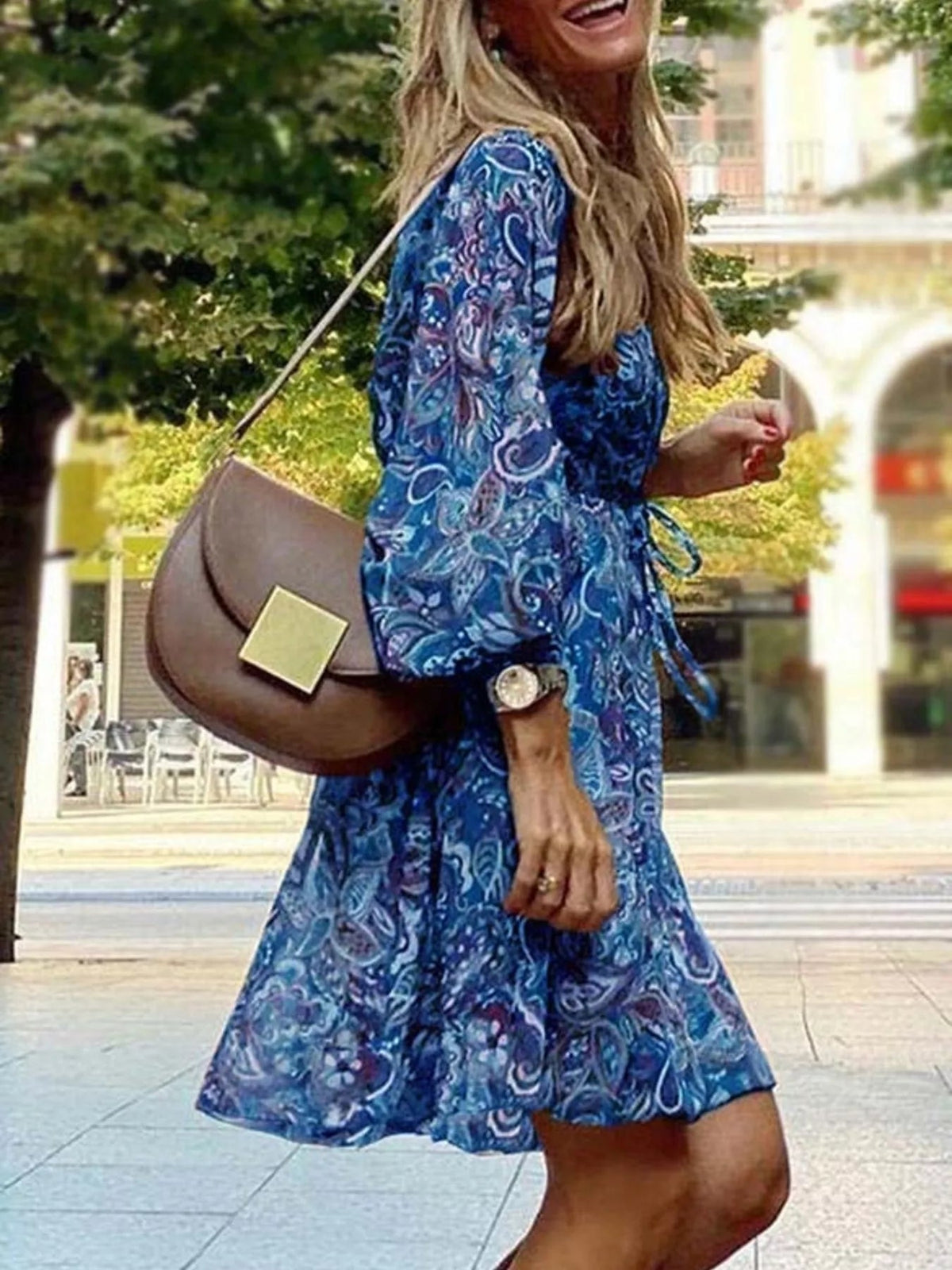 Full Size Paisley Print Long Sleeve Mini Dress Plus Size - TheMomCo.