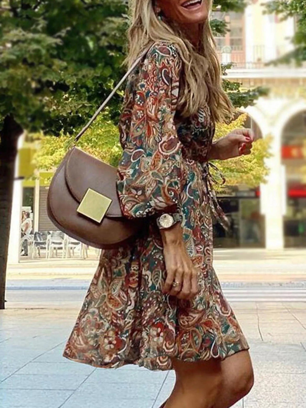 Full Size Paisley Print Long Sleeve Mini Dress Plus Size - TheMomCo.
