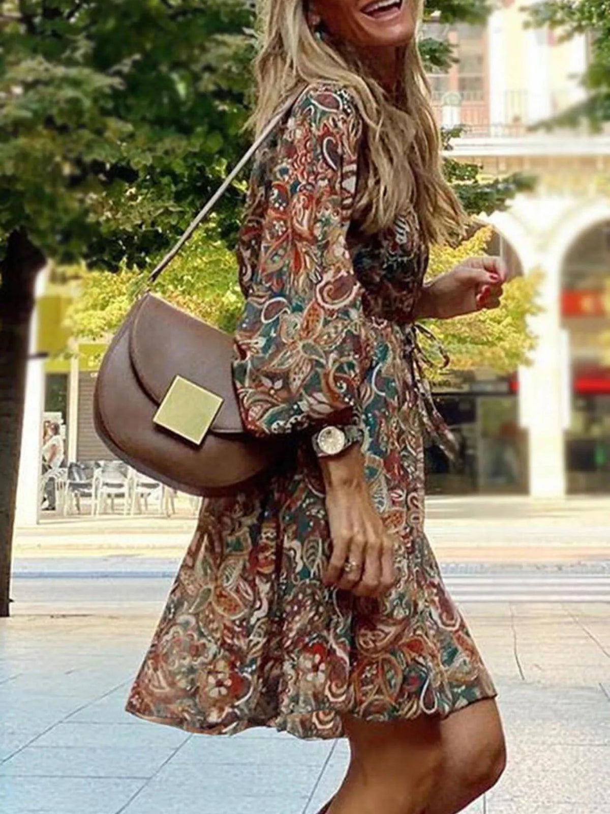 Full Size Paisley Print Long Sleeve Mini Dress Plus Size - TheMomCo.