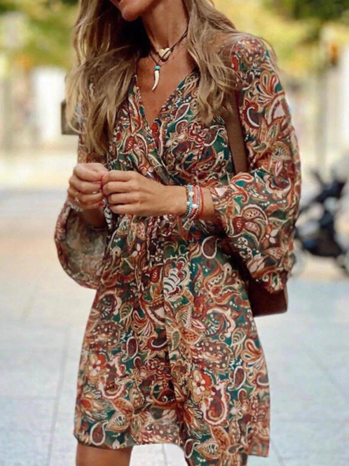 Full Size Paisley Print Long Sleeve Mini Dress Plus Size - TheMomCo.