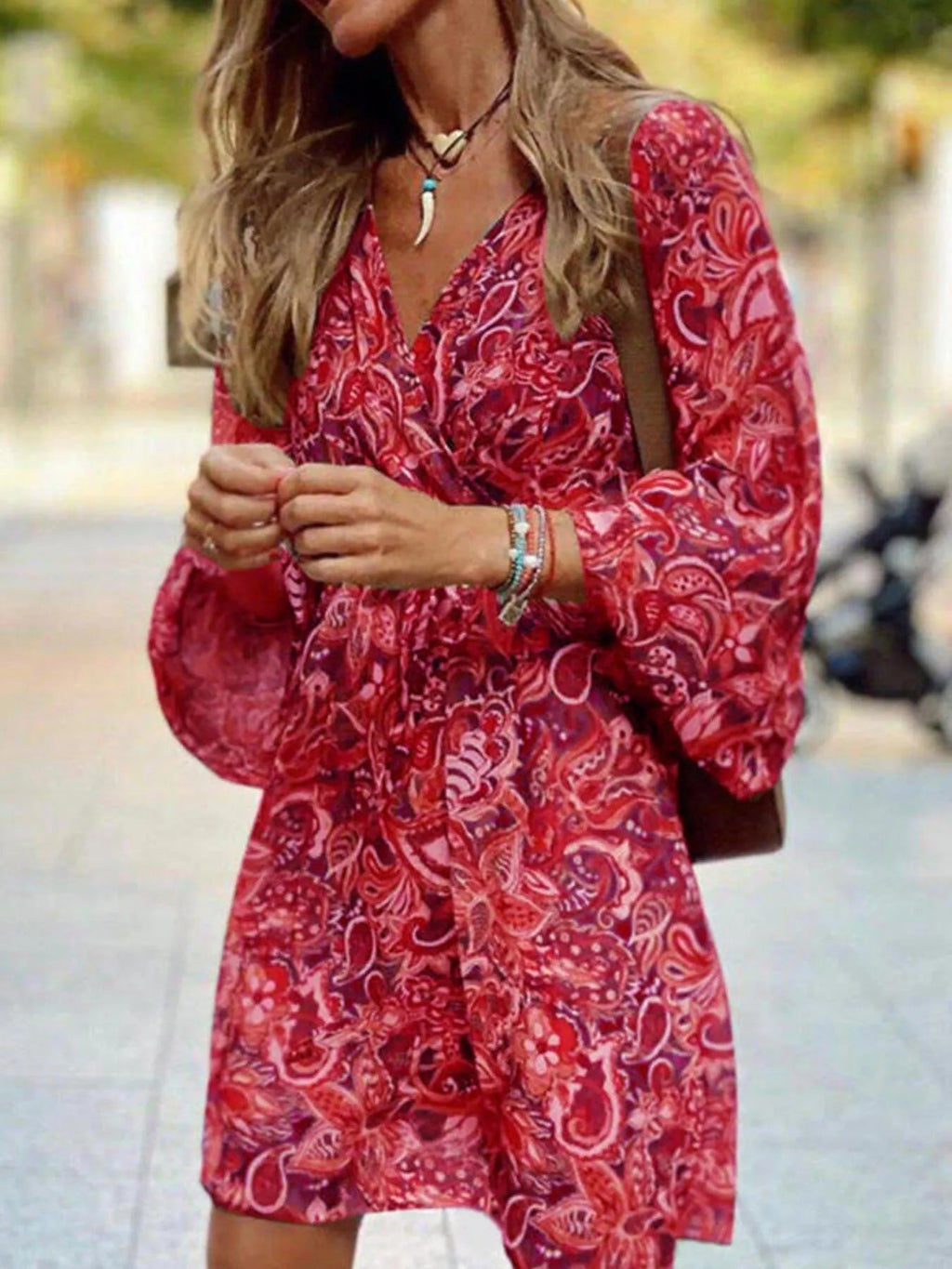 Full Size Paisley Print Long Sleeve Mini Dress Plus Size - TheMomCo.