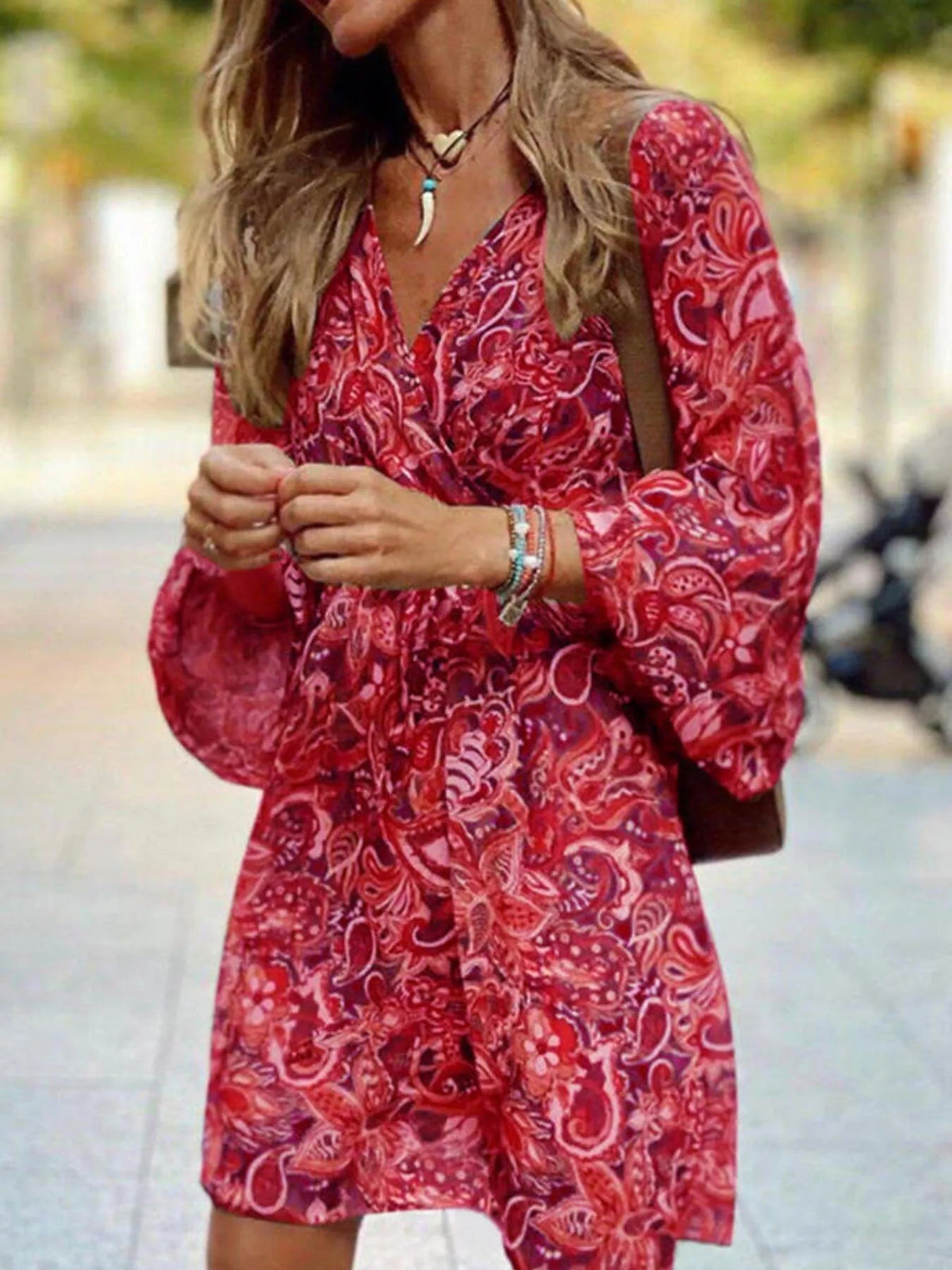 Full Size Paisley Print Long Sleeve Mini Dress Plus Size - TheMomCo.