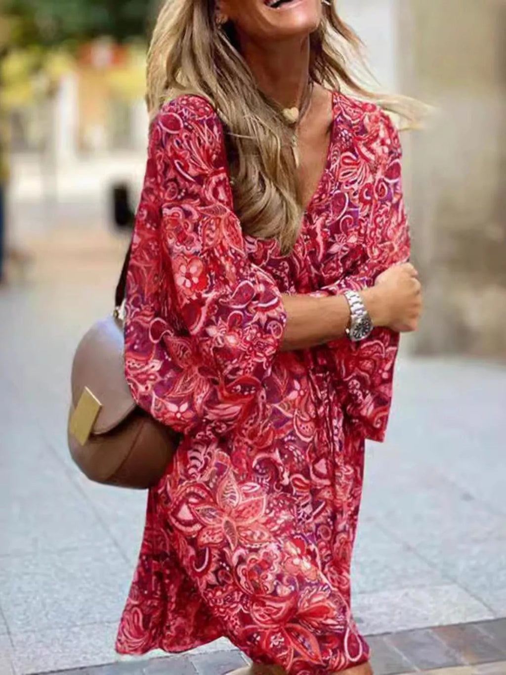 Full Size Paisley Print Long Sleeve Mini Dress Plus Size - TheMomCo.