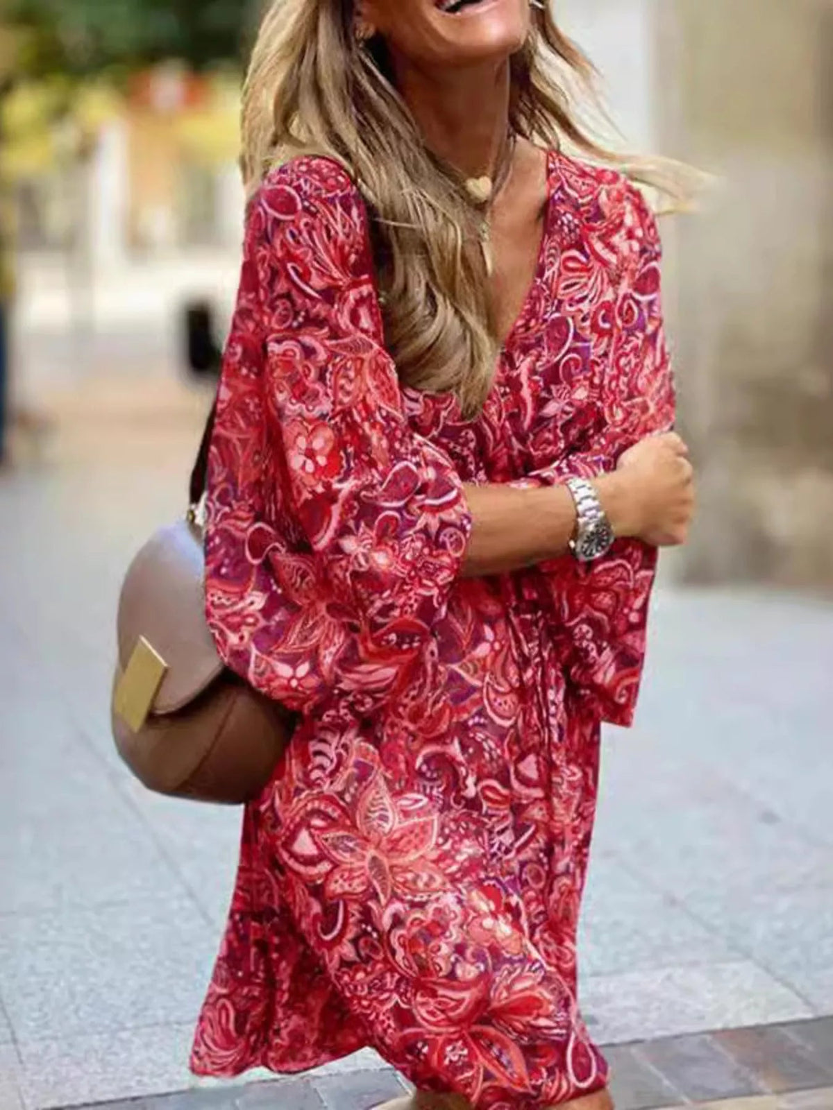 Full Size Paisley Print Long Sleeve Mini Dress Plus Size - TheMomCo.