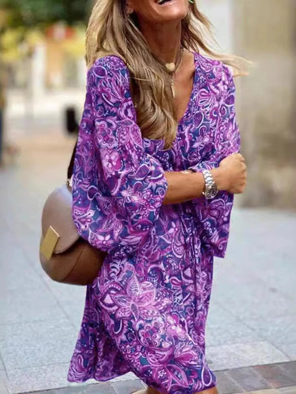 Full Size Paisley Print Long Sleeve Mini Dress Plus Size - TheMomCo.