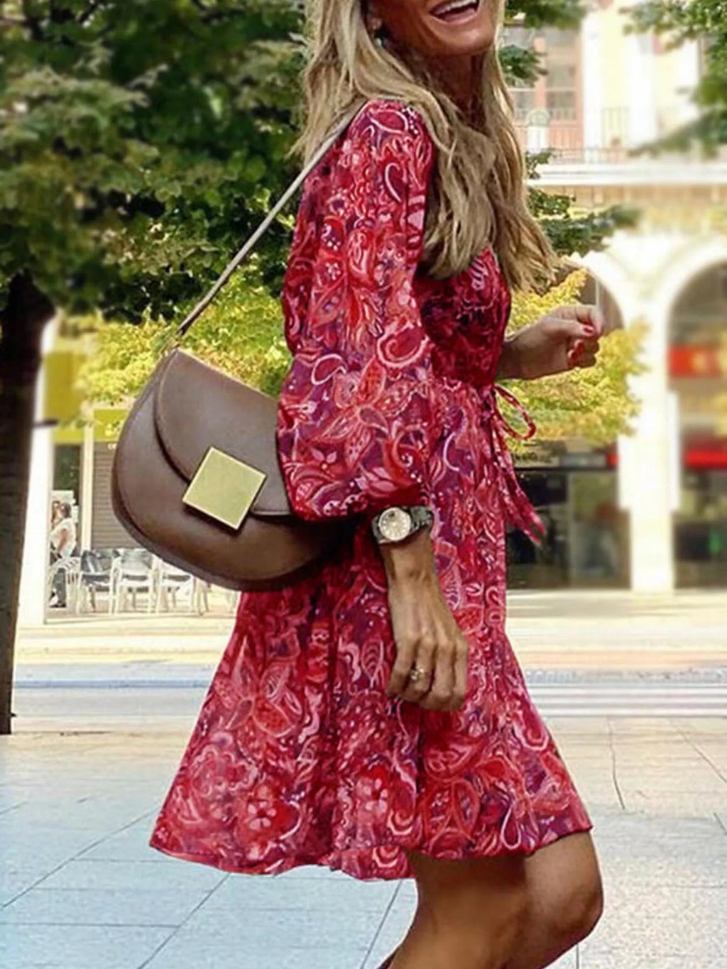 Full Size Paisley Print Long Sleeve Mini Dress Plus Size - TheMomCo.
