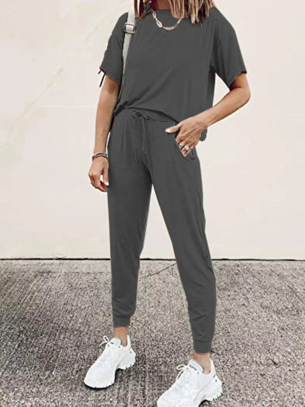 Full Size Round Neck Top and Drawstring Pants Set Plus Size - TheMomCo.