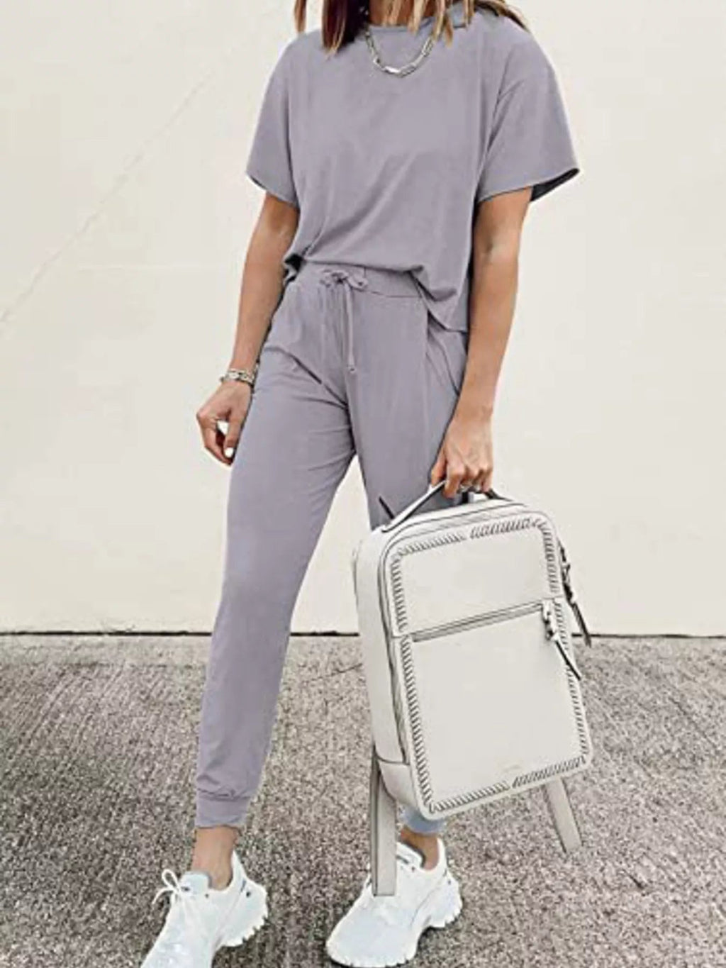 Full Size Round Neck Top and Drawstring Pants Set Plus Size - TheMomCo.