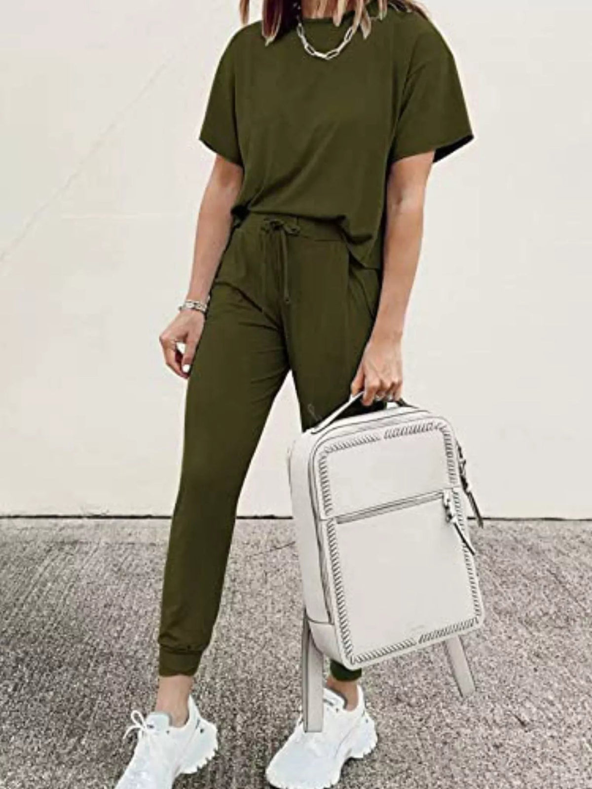 Full Size Round Neck Top and Drawstring Pants Set Plus Size - TheMomCo.