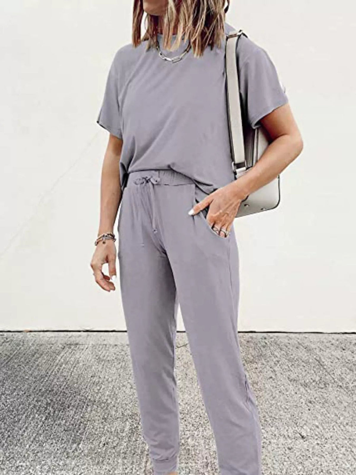 Full Size Round Neck Top and Drawstring Pants Set Plus Size - TheMomCo.