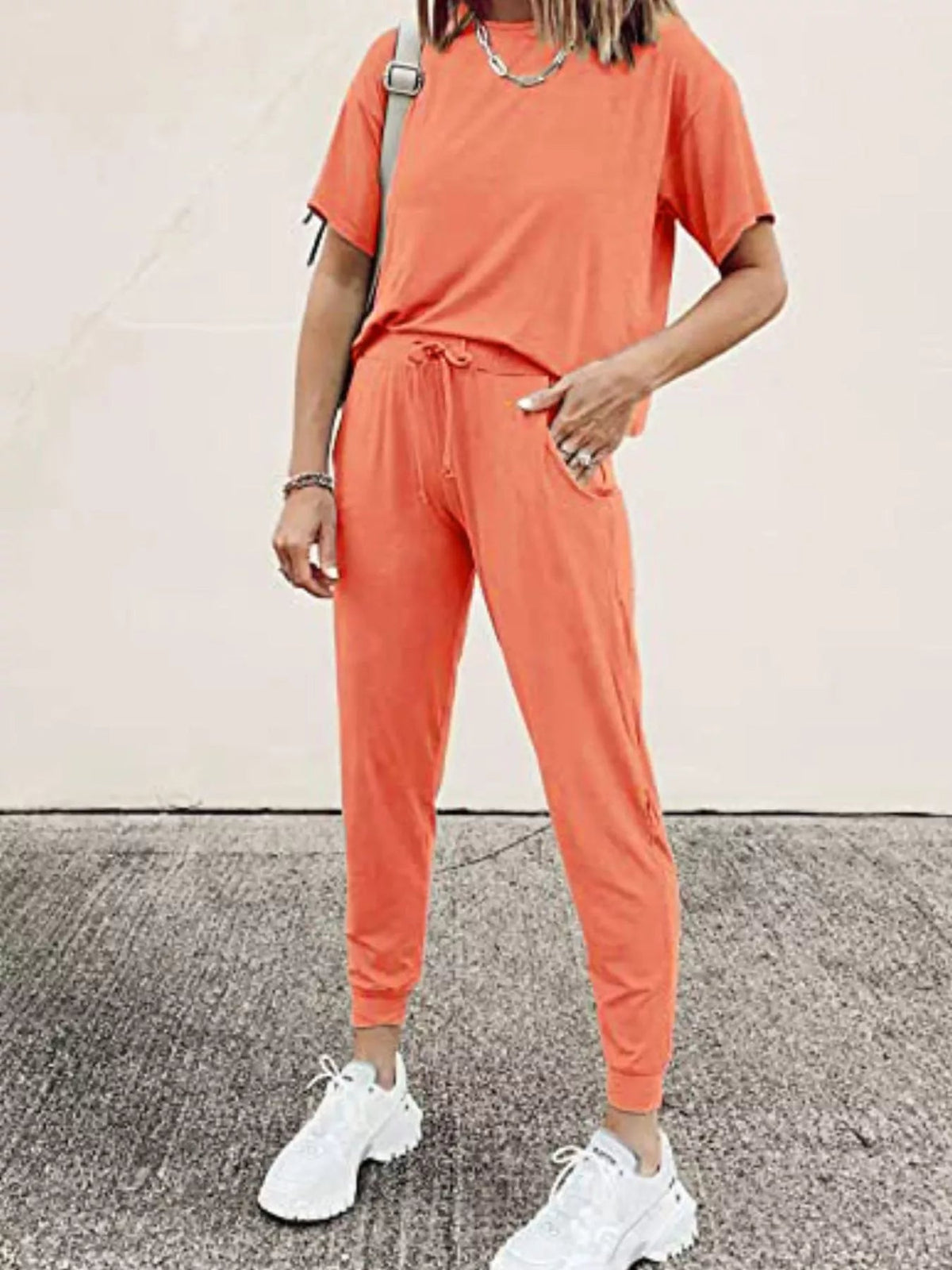 Full Size Round Neck Top and Drawstring Pants Set Plus Size - TheMomCo.