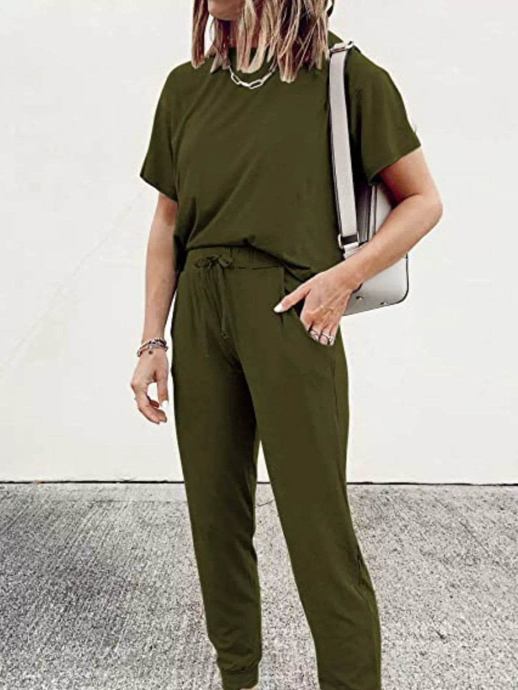 Full Size Round Neck Top and Drawstring Pants Set Plus Size - TheMomCo.