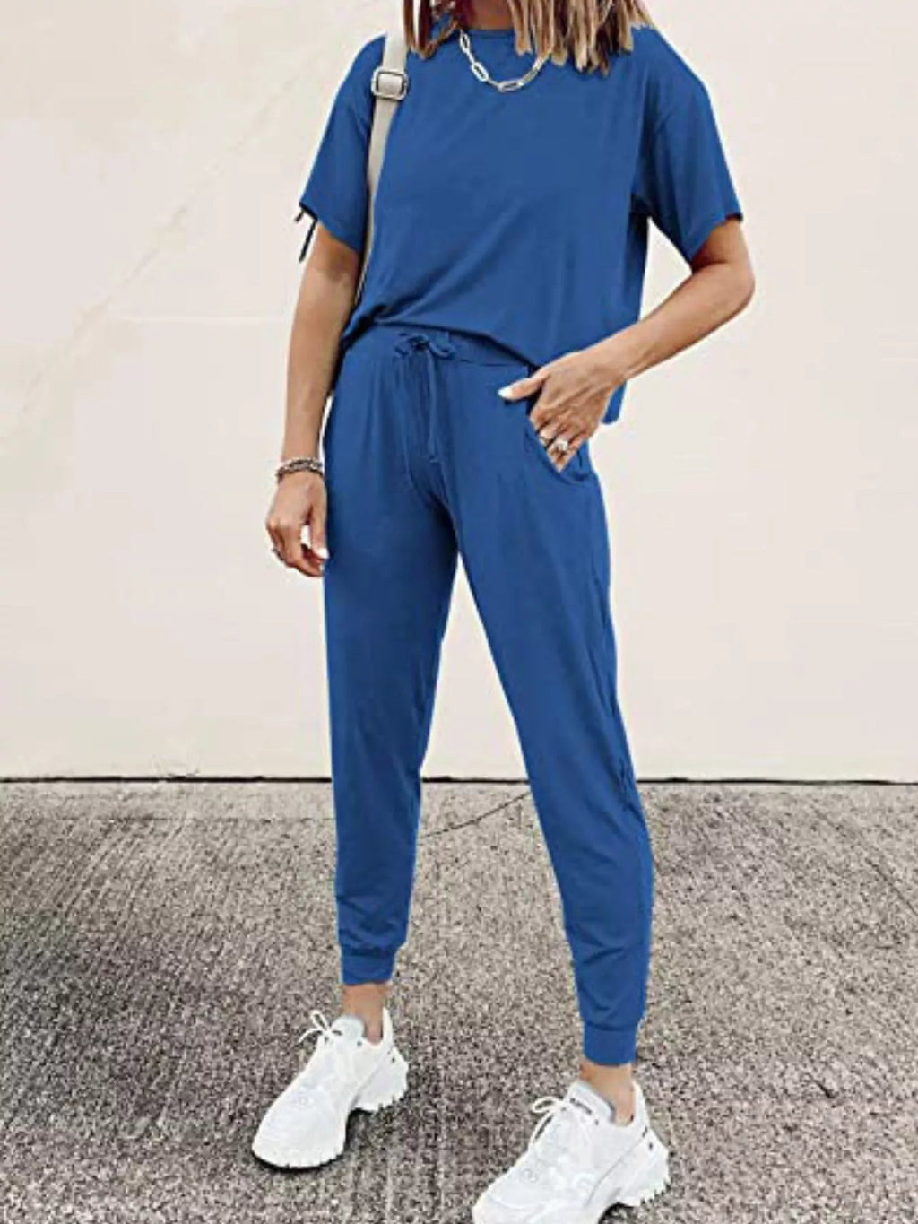 Full Size Round Neck Top and Drawstring Pants Set Plus Size - TheMomCo.