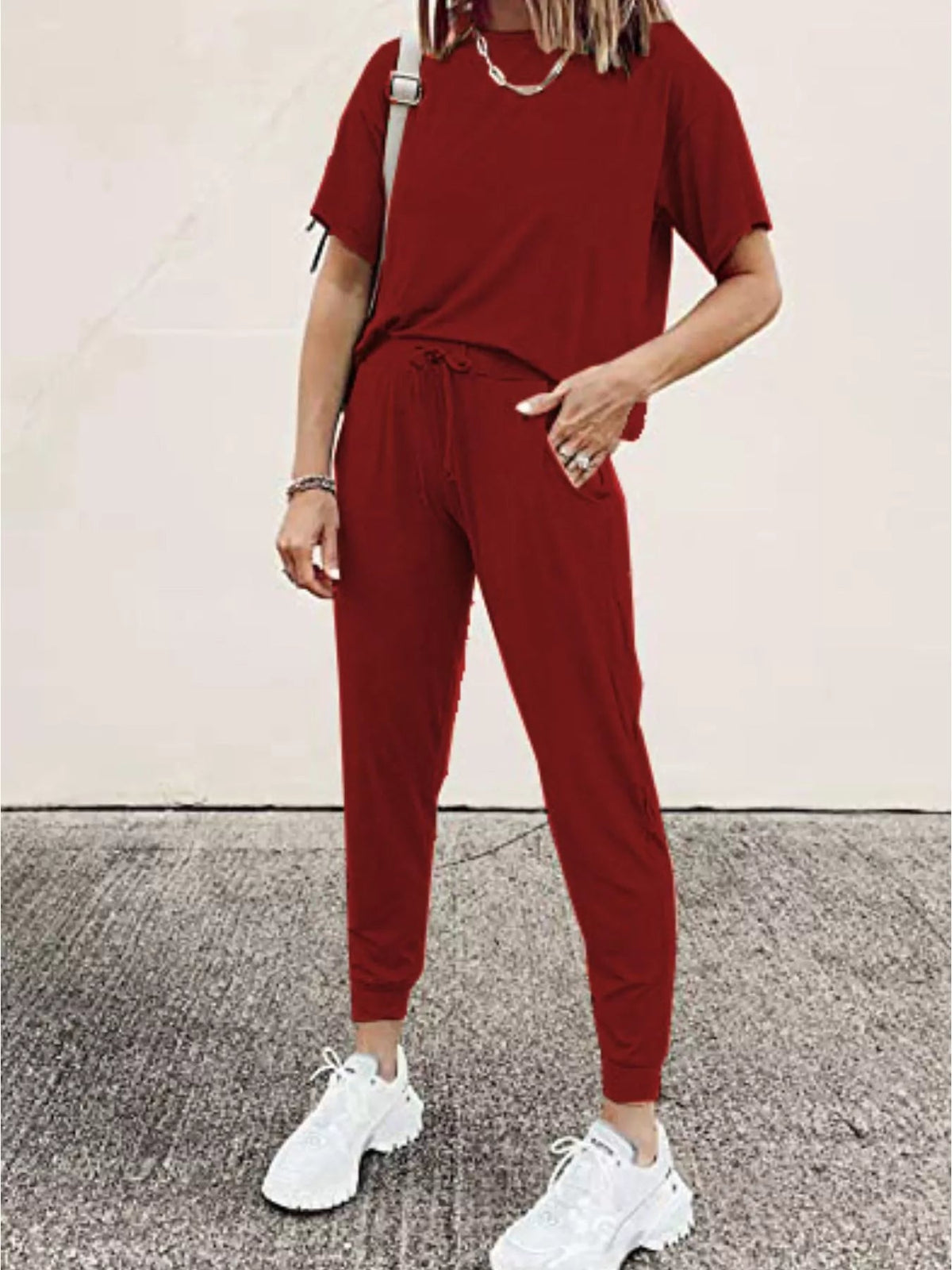 Full Size Round Neck Top and Drawstring Pants Set Plus Size - TheMomCo.