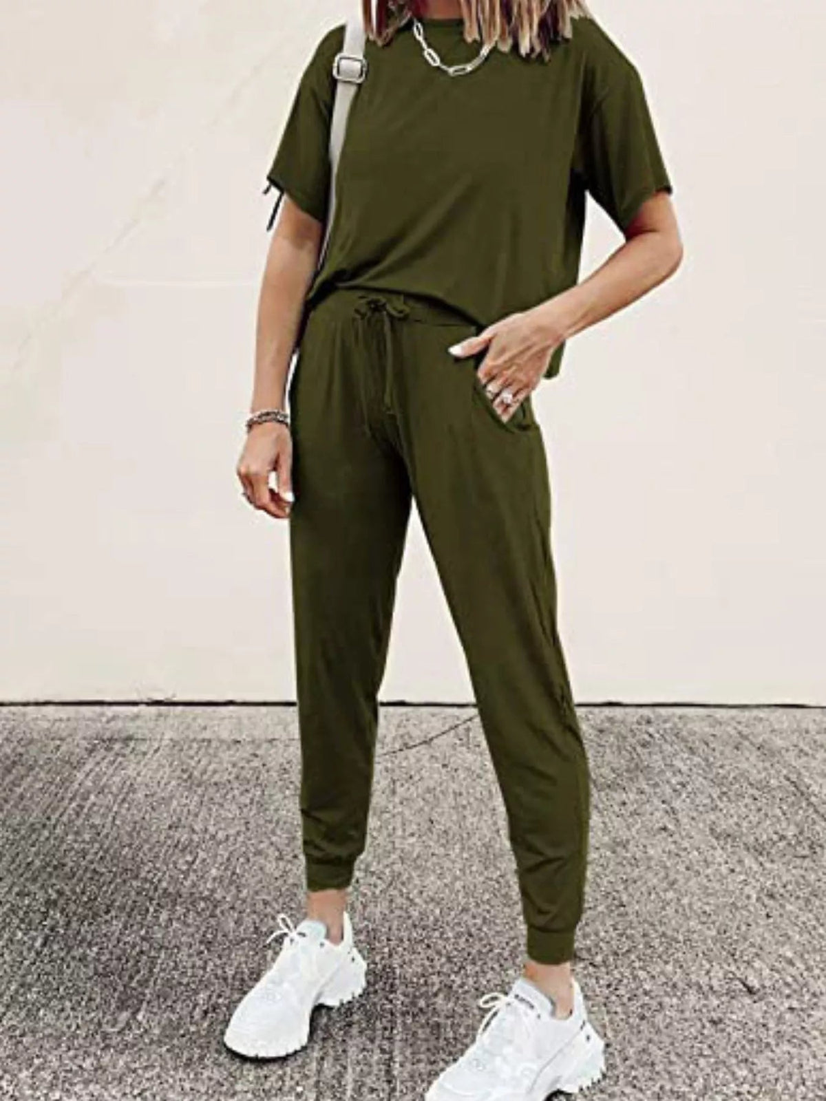 Full Size Round Neck Top and Drawstring Pants Set Plus Size - TheMomCo.