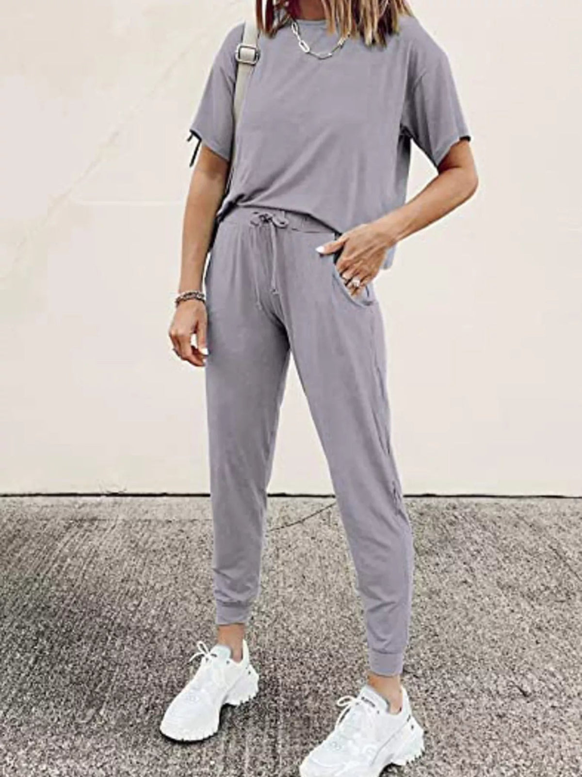 Full Size Round Neck Top and Drawstring Pants Set Plus Size - TheMomCo.