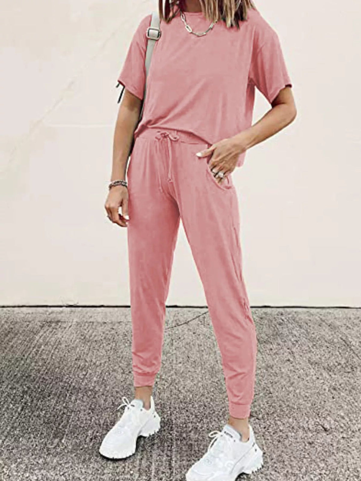 Full Size Round Neck Top and Drawstring Pants Set Plus Size - TheMomCo.