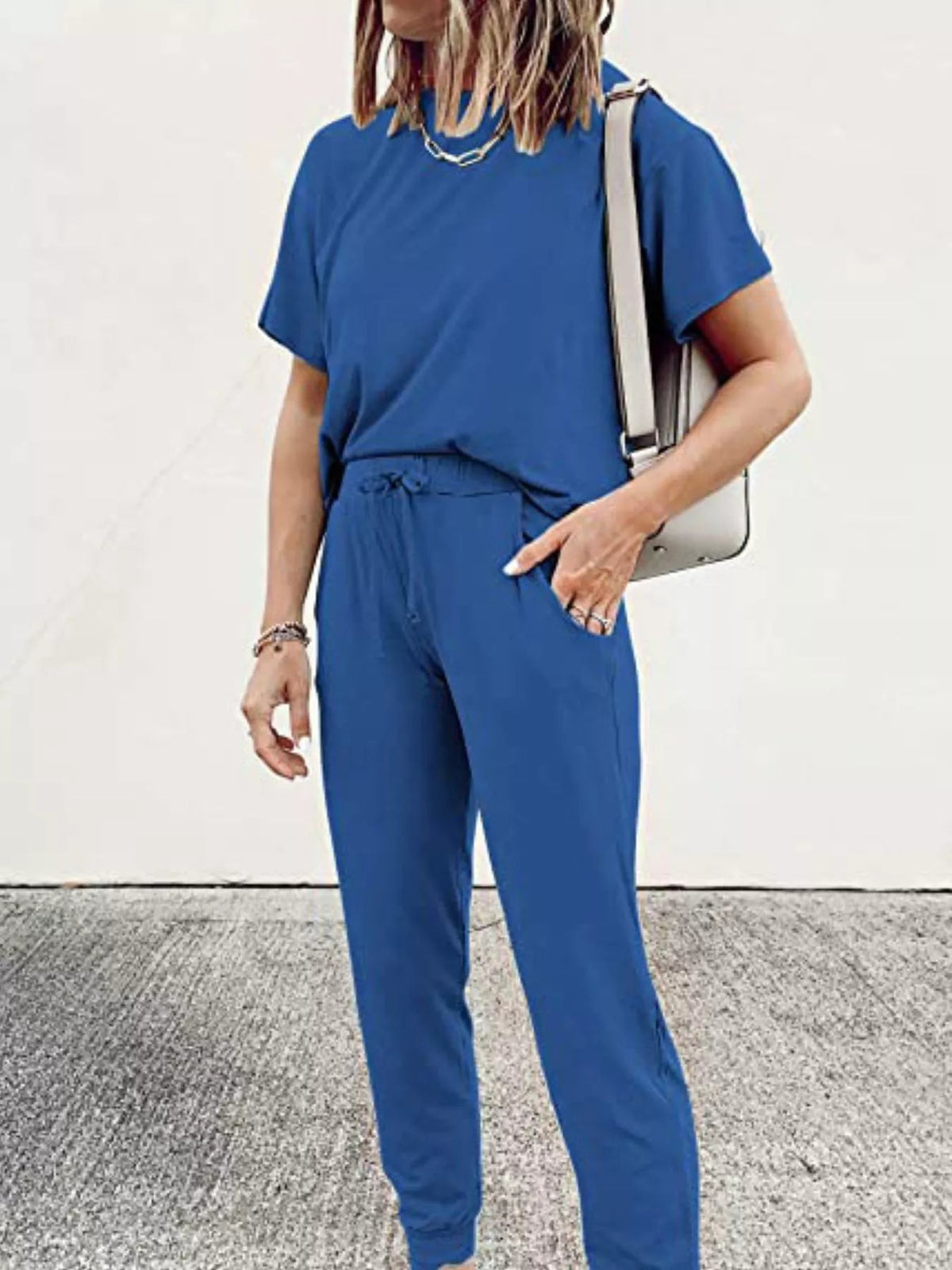 Full Size Round Neck Top and Drawstring Pants Set Plus Size - TheMomCo.