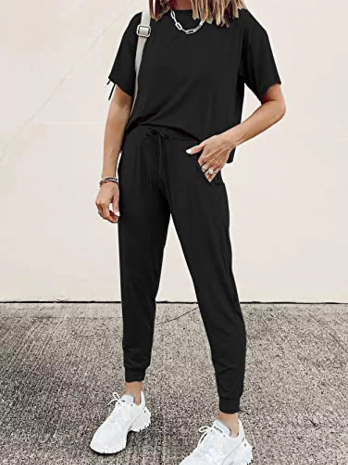 Full Size Round Neck Top and Drawstring Pants Set Plus Size - TheMomCo.