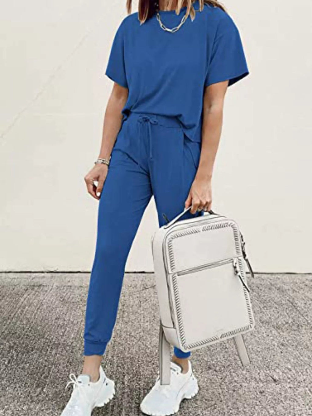 Full Size Round Neck Top and Drawstring Pants Set Plus Size - TheMomCo.