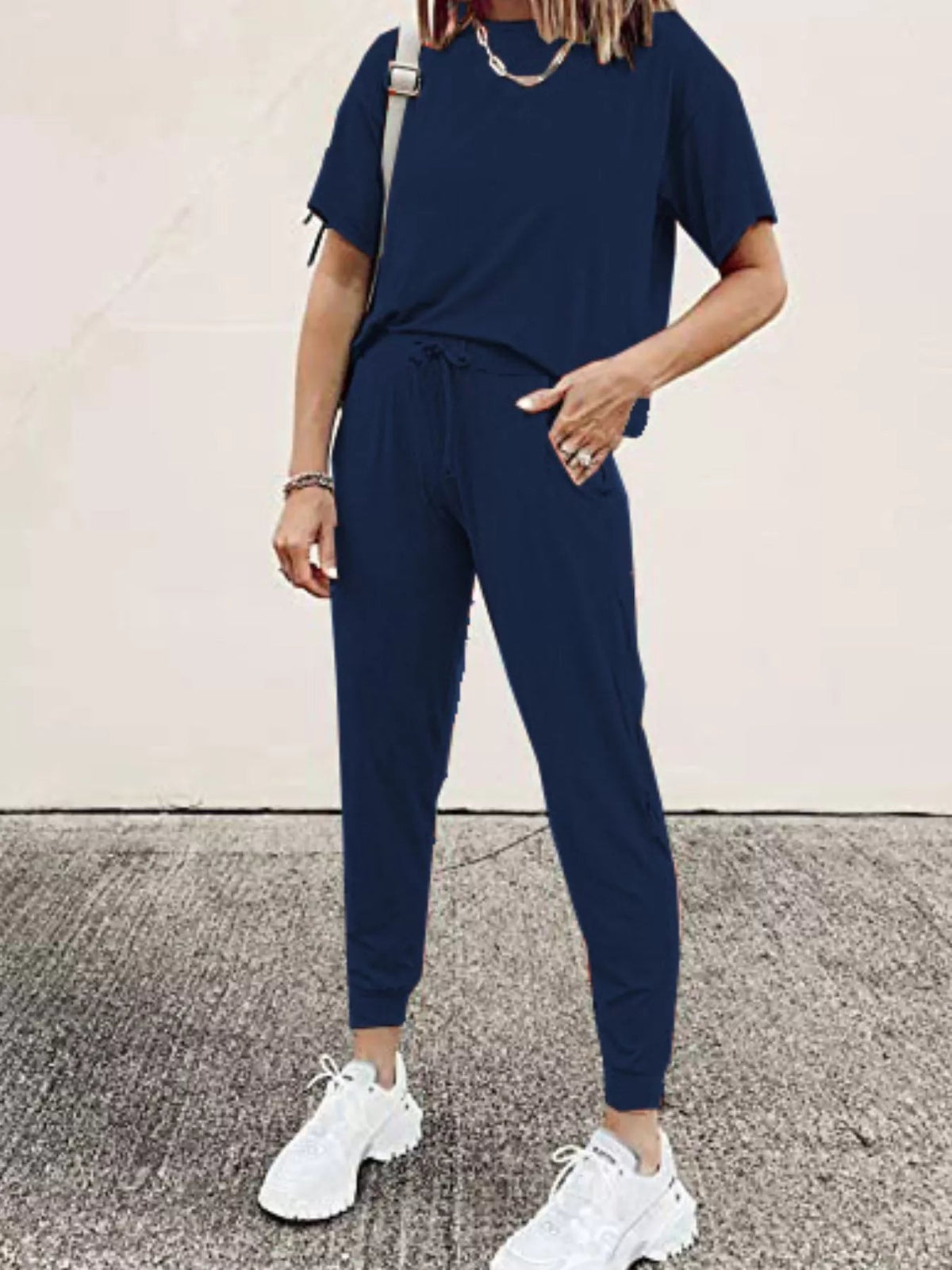 Full Size Round Neck Top and Drawstring Pants Set Plus Size - TheMomCo.