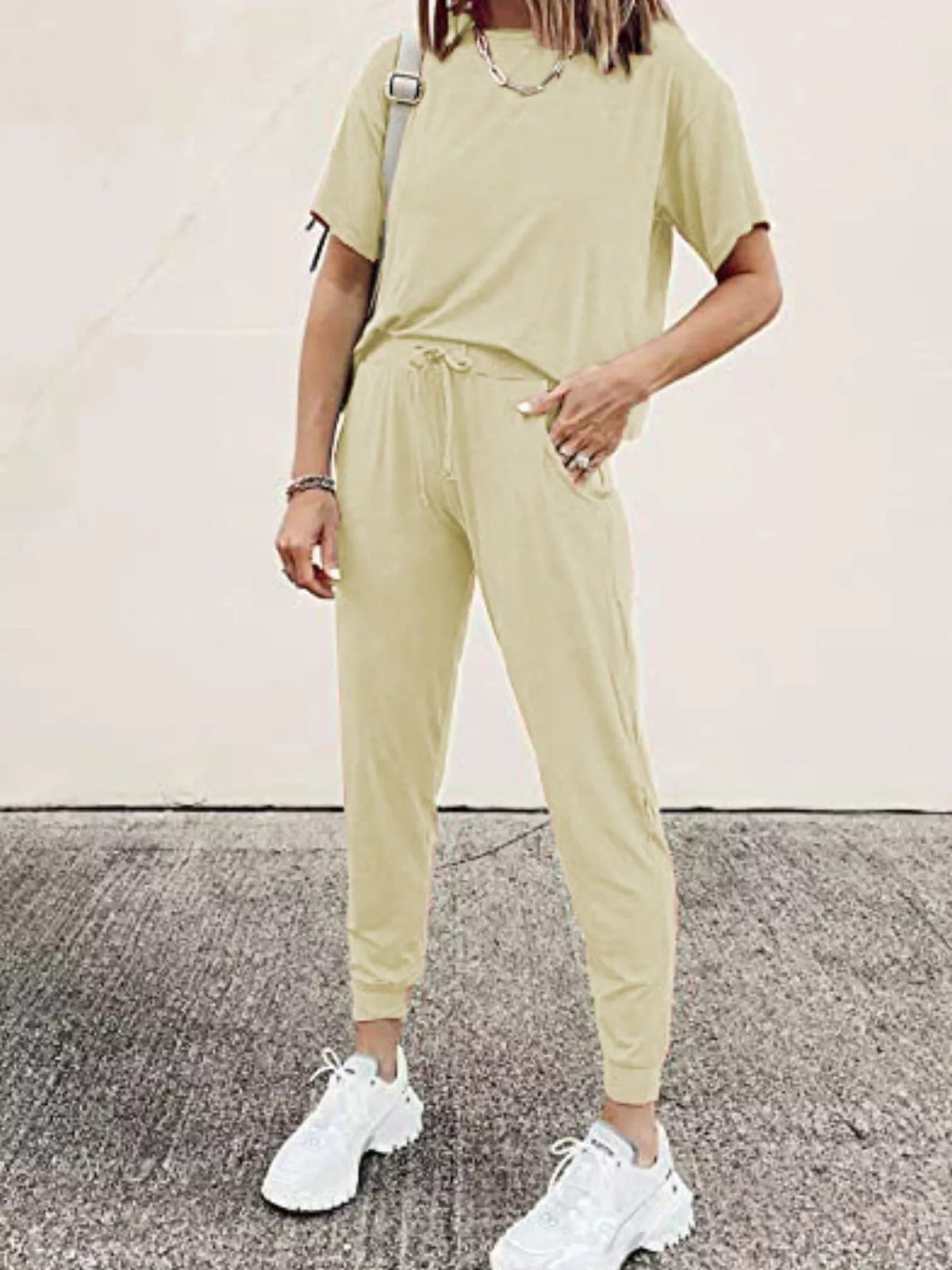 Full Size Round Neck Top and Drawstring Pants Set Plus Size - TheMomCo.