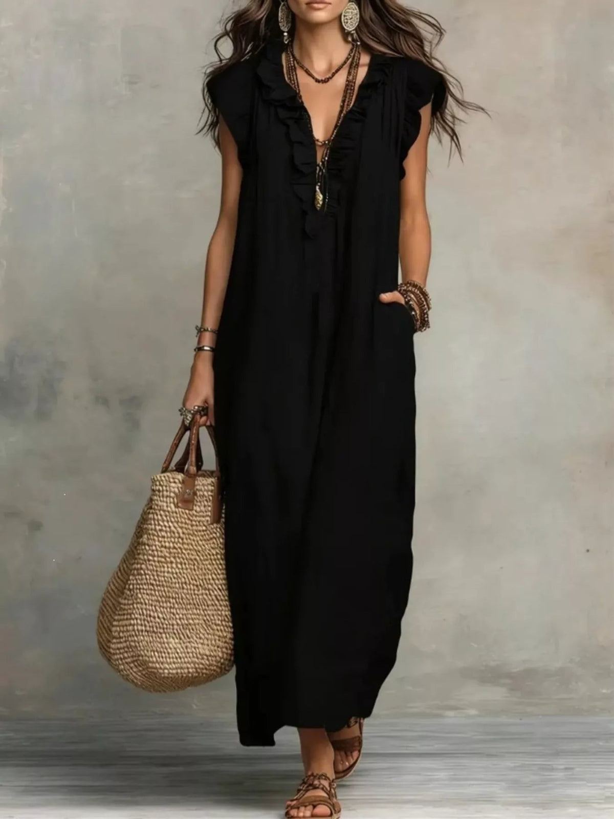 Full Size Ruffled V-Neck Cap Sleeve Maxi Dress Plus Size - TheMomCo.