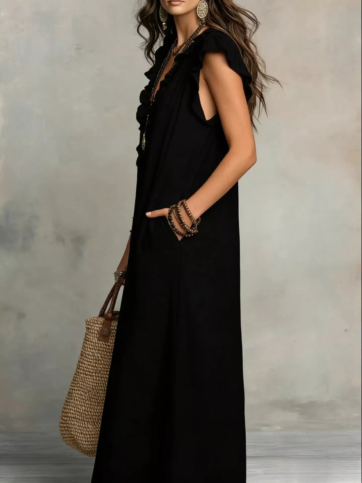 Full Size Ruffled V-Neck Cap Sleeve Maxi Dress Plus Size - TheMomCo.