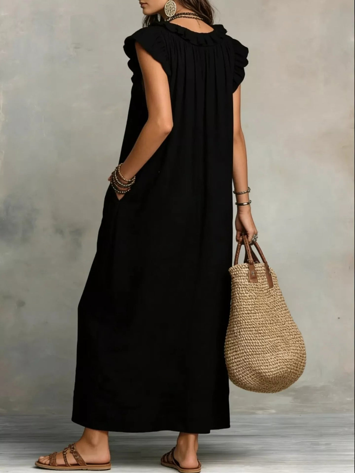 Full Size Ruffled V-Neck Cap Sleeve Maxi Dress Plus Size - TheMomCo.
