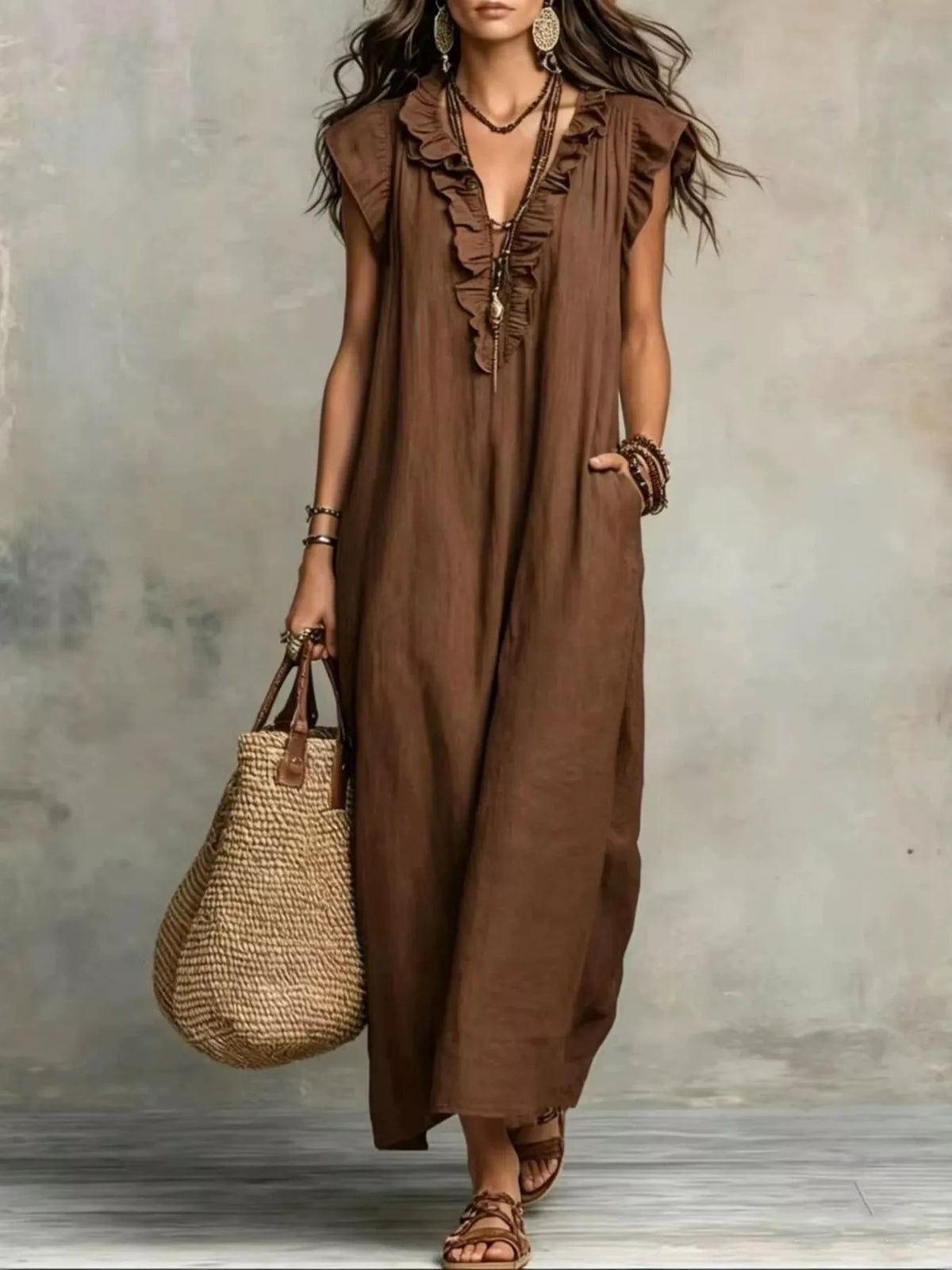 Full Size Ruffled V-Neck Cap Sleeve Maxi Dress Plus Size - TheMomCo.