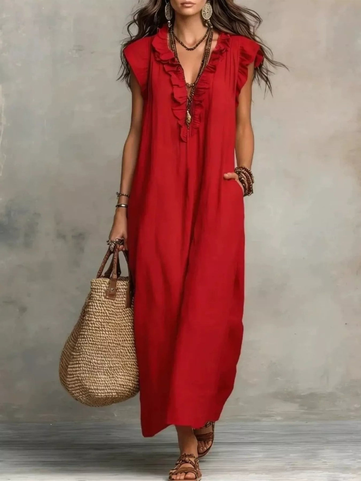 Full Size Ruffled V-Neck Cap Sleeve Maxi Dress Plus Size - TheMomCo.