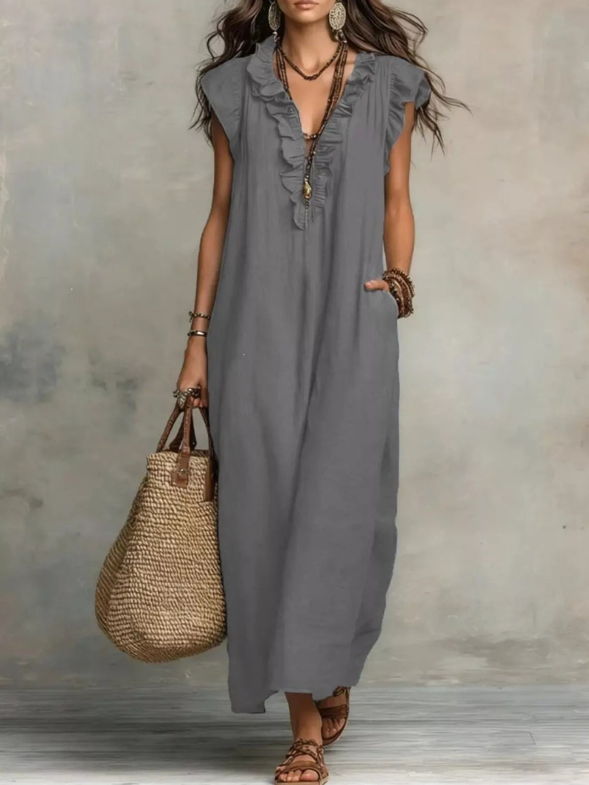 Full Size Ruffled V-Neck Cap Sleeve Maxi Dress Plus Size - TheMomCo.