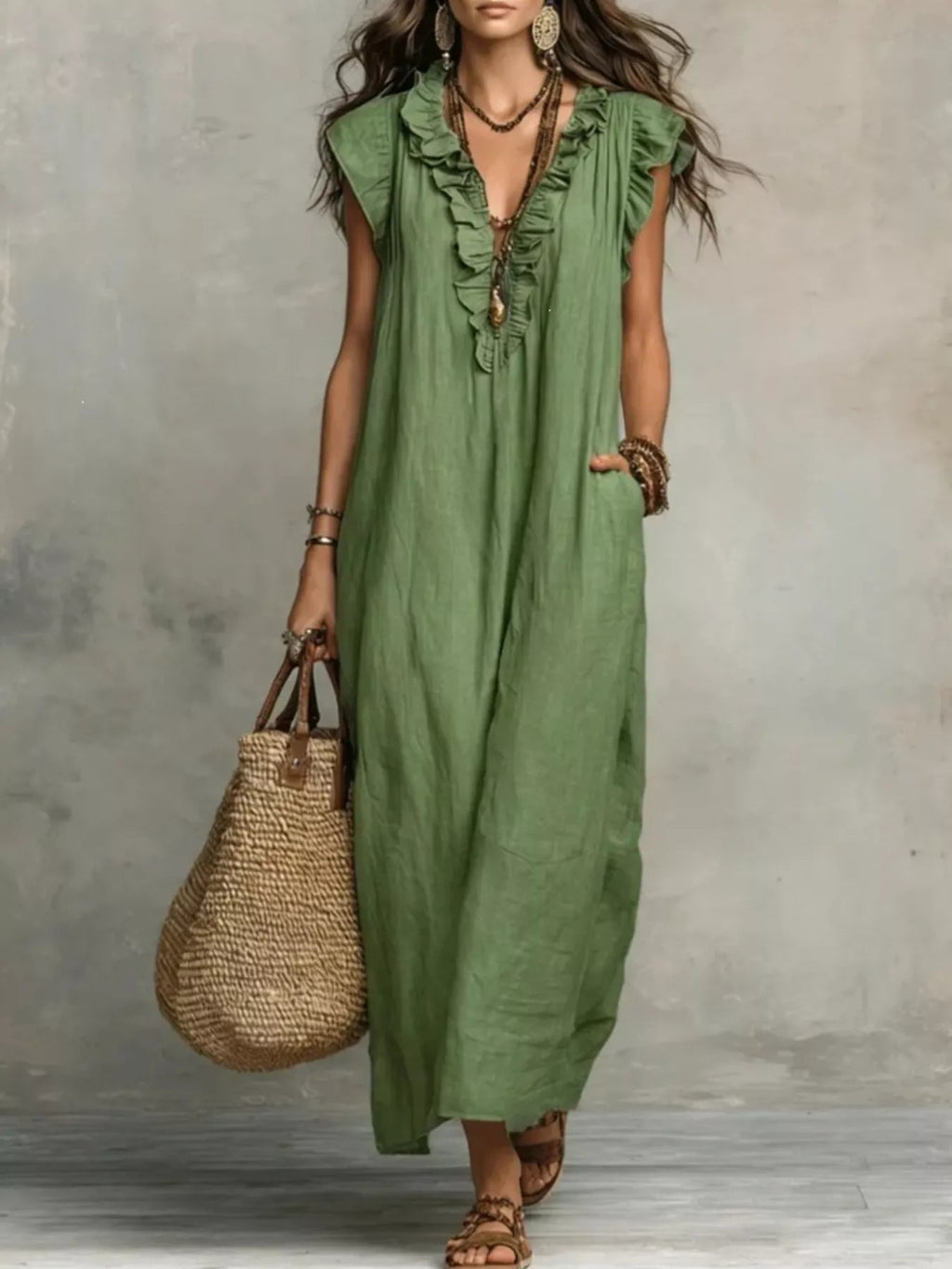 Full Size Ruffled V-Neck Cap Sleeve Maxi Dress Plus Size - TheMomCo.