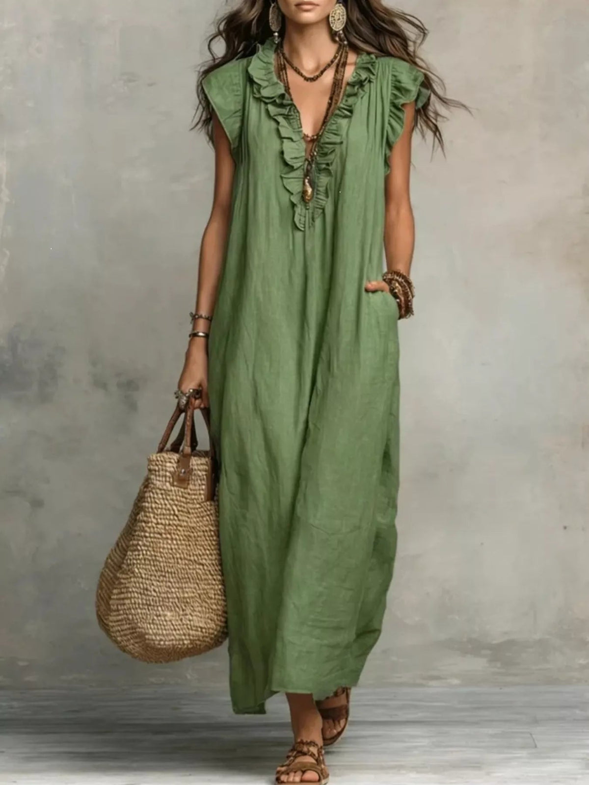 Full Size Ruffled V-Neck Cap Sleeve Maxi Dress Plus Size - TheMomCo.