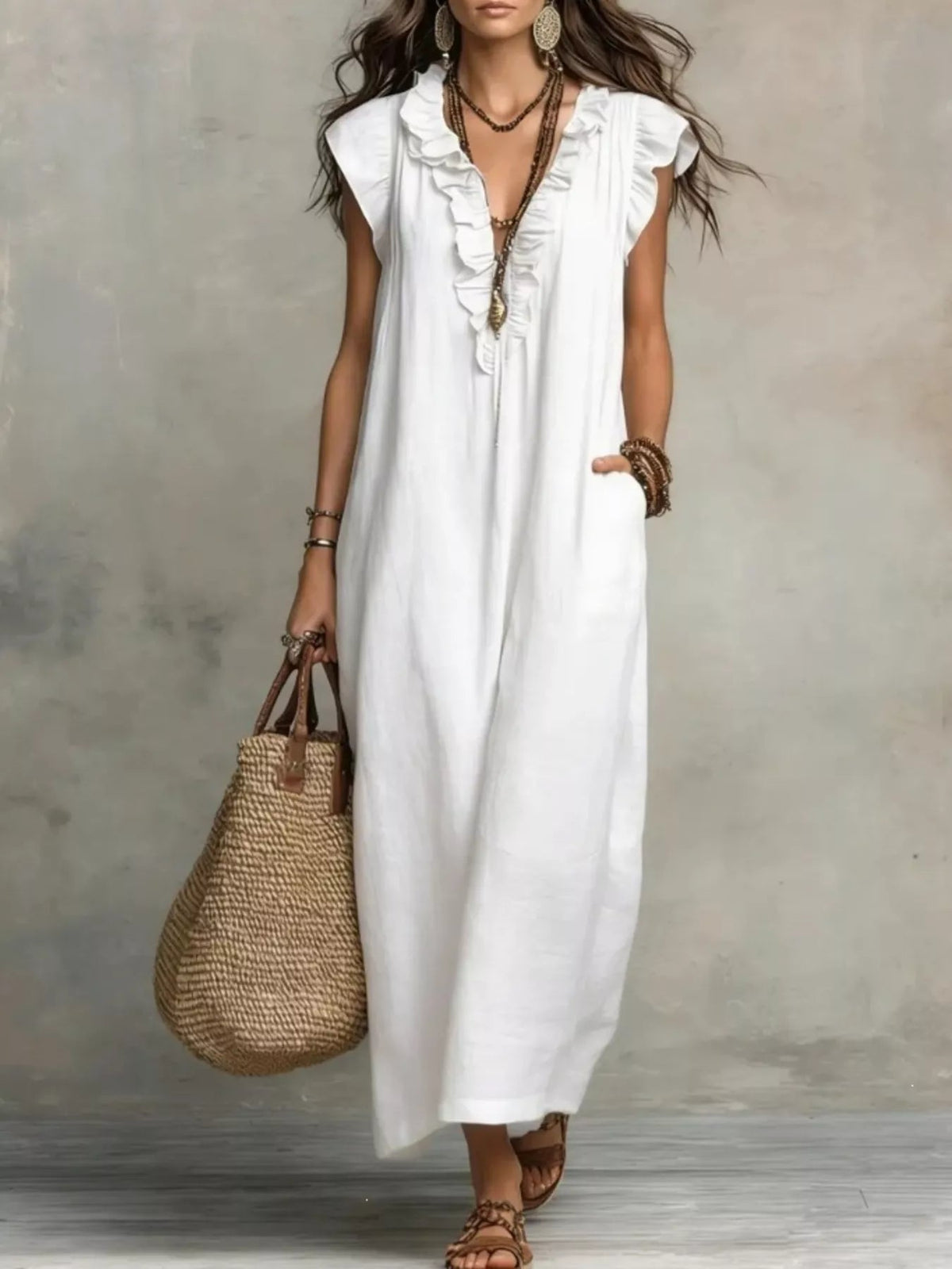 Full Size Ruffled V-Neck Cap Sleeve Maxi Dress Plus Size - TheMomCo.