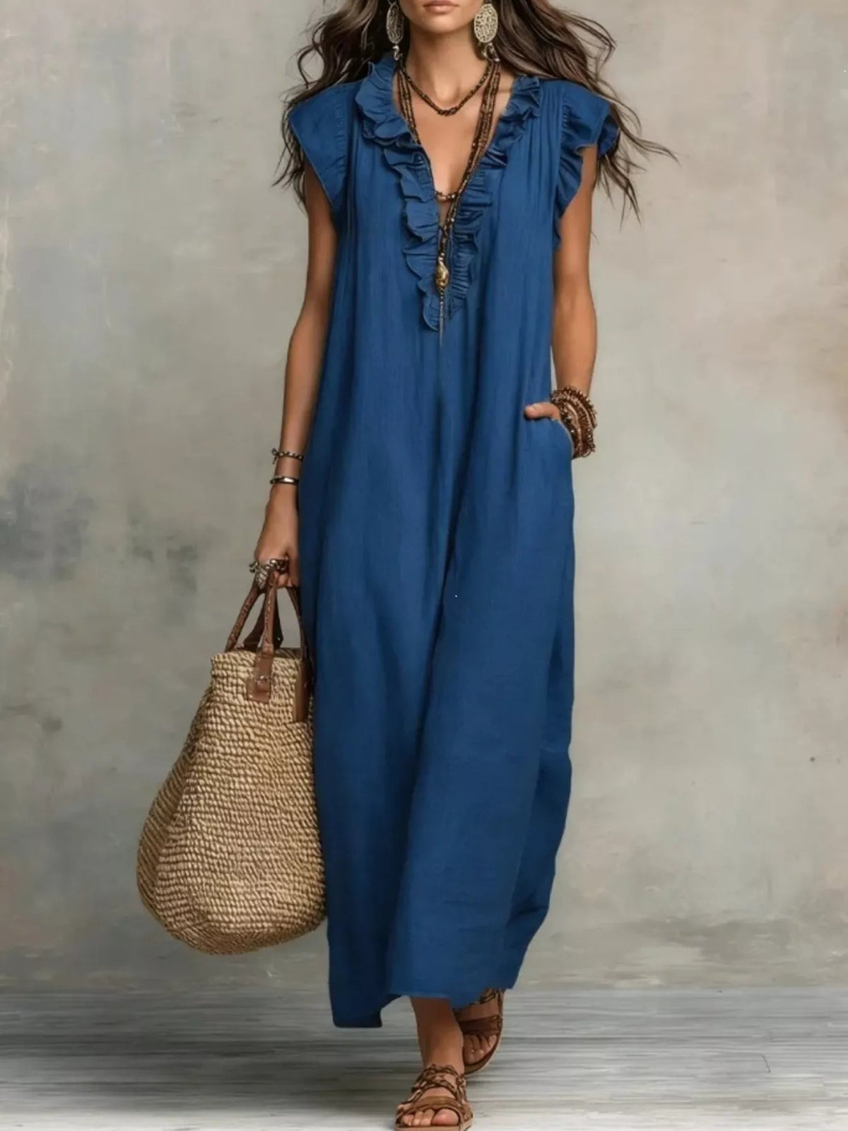 Full Size Ruffled V-Neck Cap Sleeve Maxi Dress Plus Size - TheMomCo.